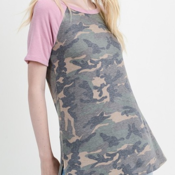 Camouflage Blush Rose Pink Sleeve Accent Top - Picture 2 of 5